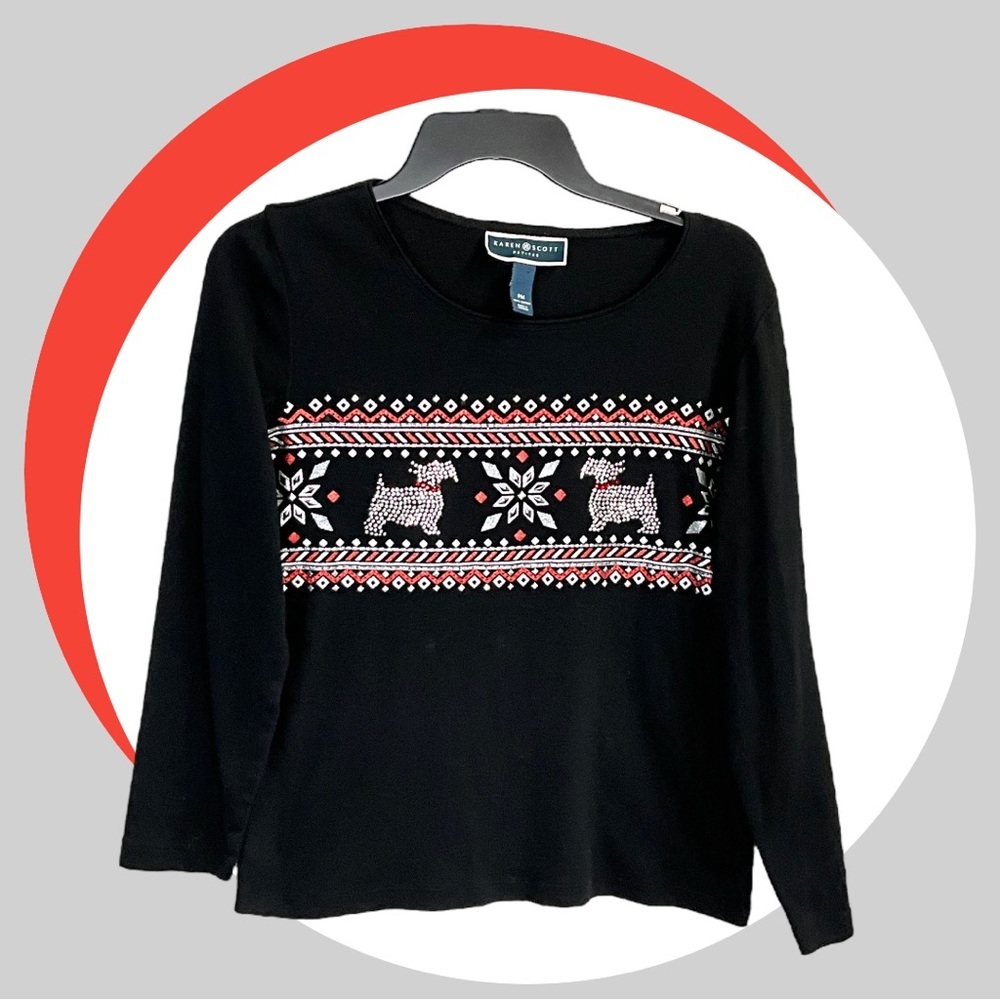 Karen Scott Black Bling Top w Silver & Red Sequins/Glitter Scottie Dogs Women MP